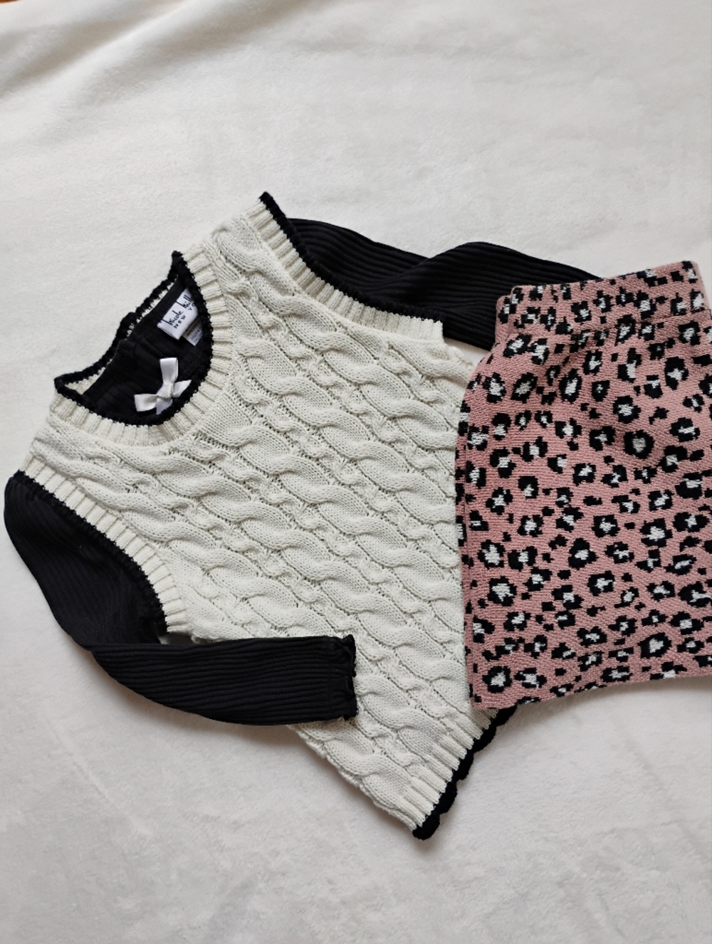 Super Cute 3 Piece Cable Knit Vest Long Sleeve Top & Leopard Skirt | 2T